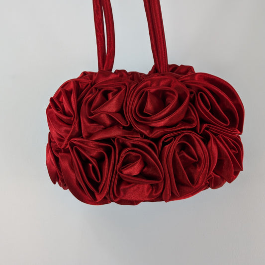 Borsa piccola couture Y2K in tessuto satinato rosette all over
