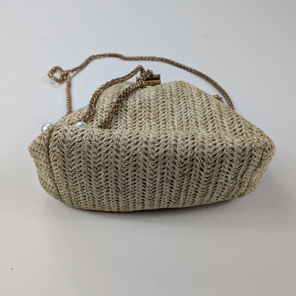 Borsa in paglia intrecciata con perle decorative boho chic