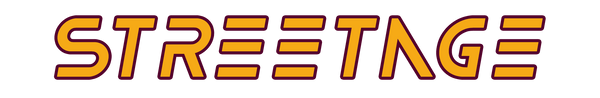 Logo testuale Streetage, in arancione con bordo color Burgundy
