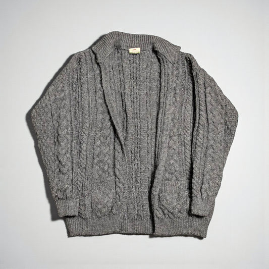 Cardigan Aran Fisherman Vintage Carraig Donn in lana vergine - L
